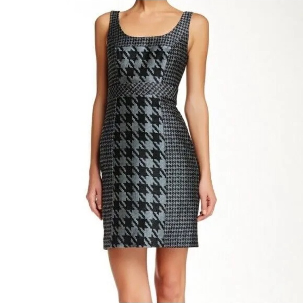Trina Turk Elissa Black Teal White Houndstooth Tweed Sheath  Dress size 8